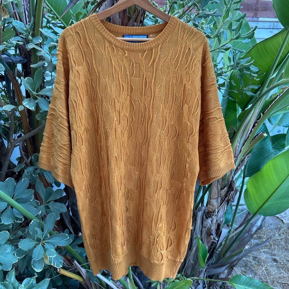 Vintage 90s Clench Cable Knit Sweater Mustard Yellow Short Sleeve XXL XL Fit